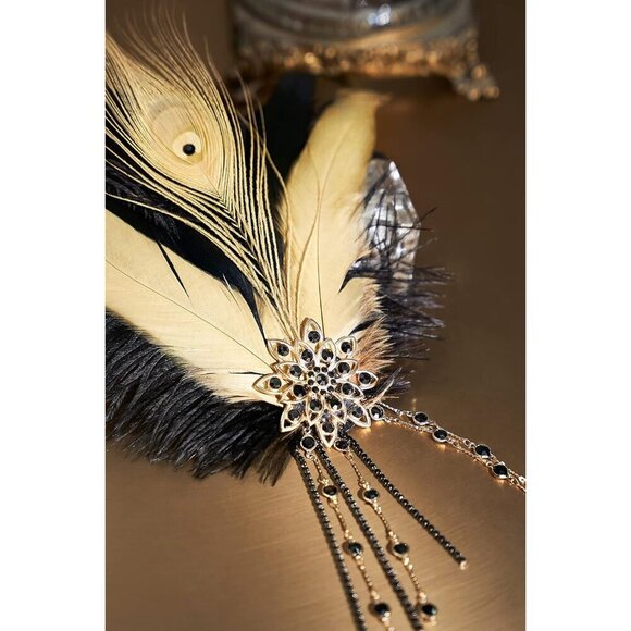 1920s Flapper Headband Feather Crystal Beaded Gatsby Costume Accessory